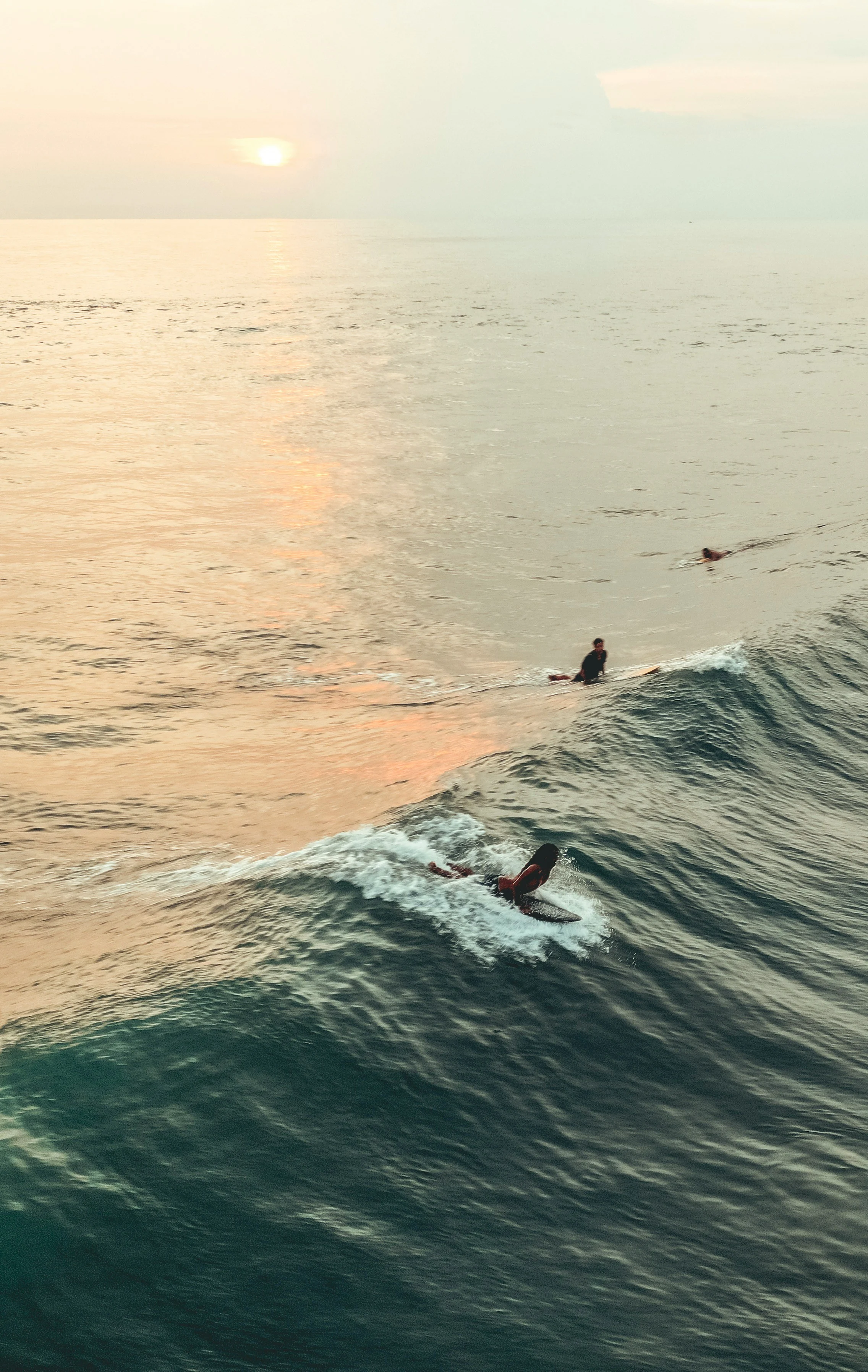 Surfers at the Canggu coast at golden hour